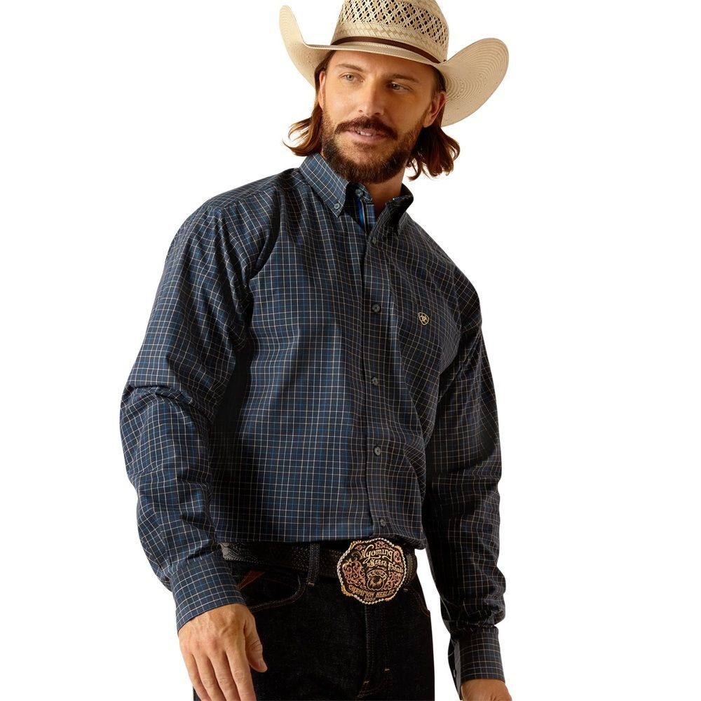 Arait Men's Blue and Brown Plaid button down shirt Pro series stretch large